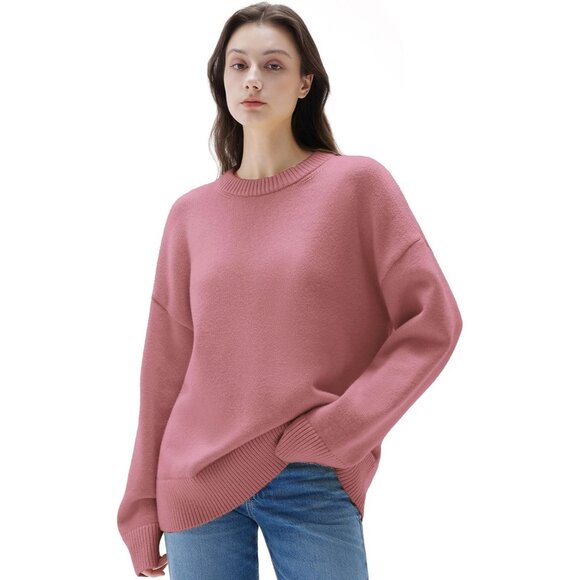 Women Cashmere Blend Oversized Crew Neck Pink Rose Soft Warm Pullover Sweater - Picture 1 of 5